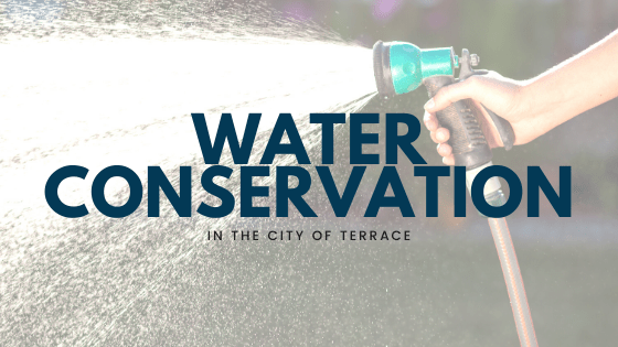 handheld garden hose spraying water, with text over top: Water Conservation in the City of Terrace